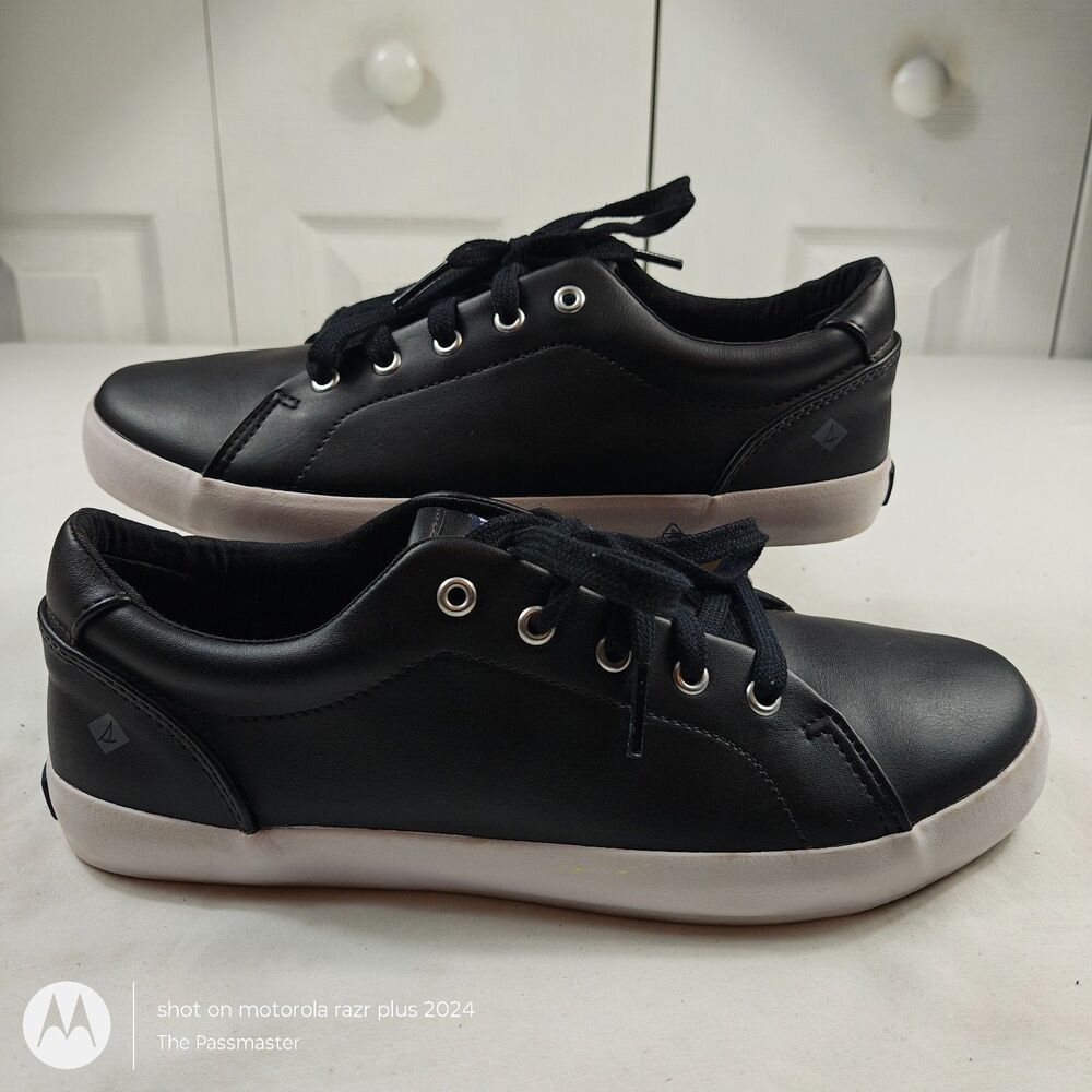 Big Boy Kids' SPERRY Lace-Up Tuck LTT Black Leather Sneakers US Size 5M